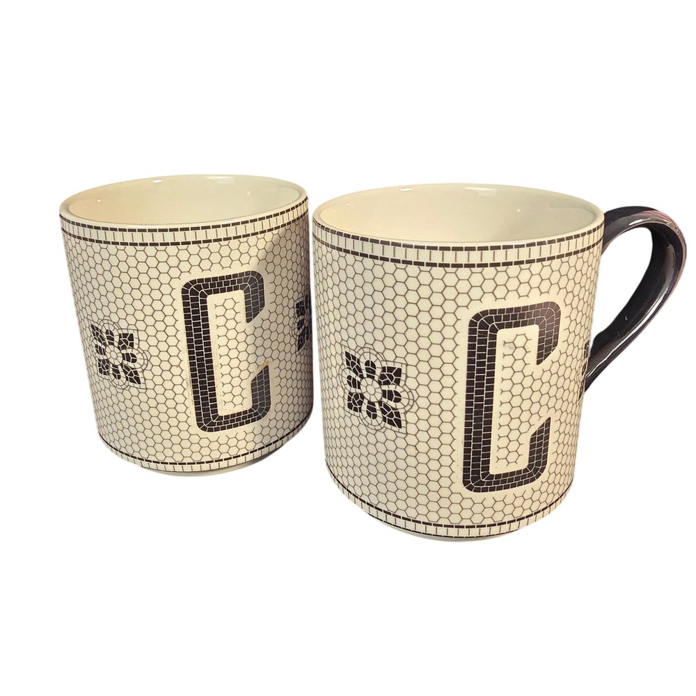 Anthropologie Tiled Margot Monogram Mug Set of 2 Letter C Black White Mosaic